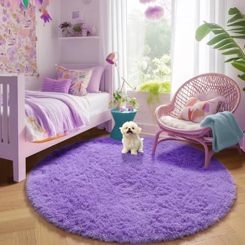Amdrebio Purple Round Rugs 4Ft for Girls Bedroom Decor Aesthetic, Fluffy Fuzzy Circle Area Rugs for Kids Room, Soft Cute Furry Plush Shaggy Throw Lavender Carpet for Living Room, Baby Nursery, Dorm - Image 5