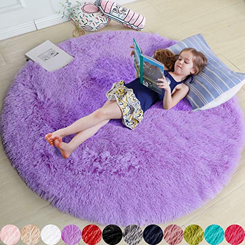 Amdrebio Purple Round Rugs 4Ft for Girls Bedroom Decor Aesthetic, Fluffy Fuzzy Circle Area Rugs for Kids Room, Soft Cute Furry Plush Shaggy Throw Lavender Carpet for Living Room, Baby Nursery, Dorm - Image 1