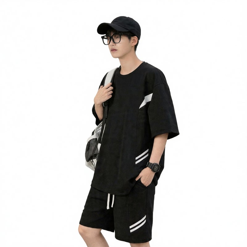 تيشيرت رجالي بأكمام قصيرة، طقم رياضي صيفي كاجوال من قطعتين - Image 1