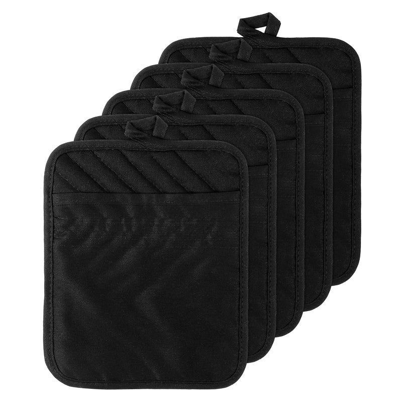 GROBRO7 5Pack Cotton Pocket Pot Holder Set Kitchen Heat Resistant Potholder Machine Washable Hot Pads Bulk Oven Mitts Black Plain Hot Pads Trivet for Baking Cooking with Pocket 7x9