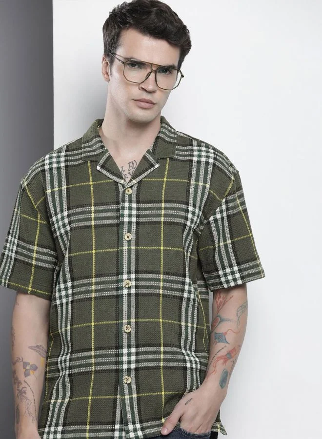 The Indian Garage Co Men Relaxed Fit Checkered Half Sleeves Cuban Collar Resort Wear Shirt