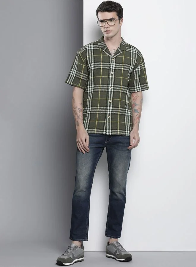 The Indian Garage Co Men Relaxed Fit Checkered Half Sleeves Cuban Collar Resort Wear Shirt