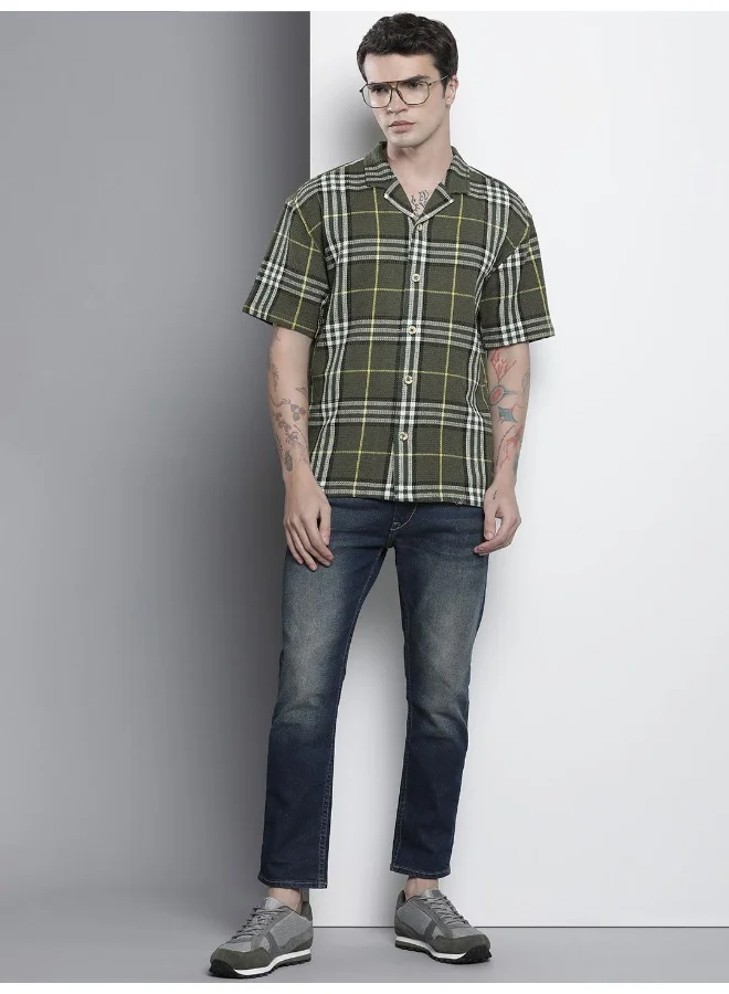 The Indian Garage Co Men Relaxed Fit Checkered Half Sleeves Cuban Collar Resort Wear Shirt