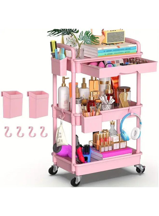 Pink 3 Tier Rolling Utility Cart with Lockable Wheels Plastic Shelves Storage Organizer - Image 1