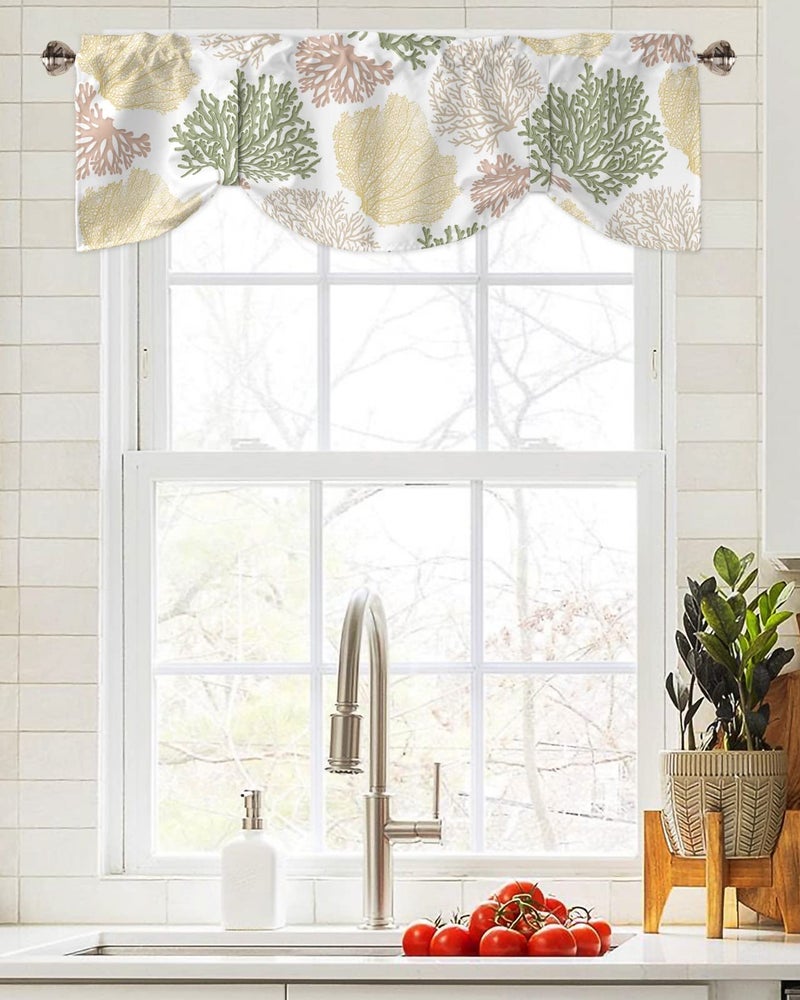 LooPoP Tie Up Valance for Windows Nautical Coastal Ocean Coral Curtains Valances Rod Pocket Valance Window Treatments Beach Themed Yellow Green Balloon Curtains for Kitchen Living Room Bedroom Bathroom 42x12 - Image 4