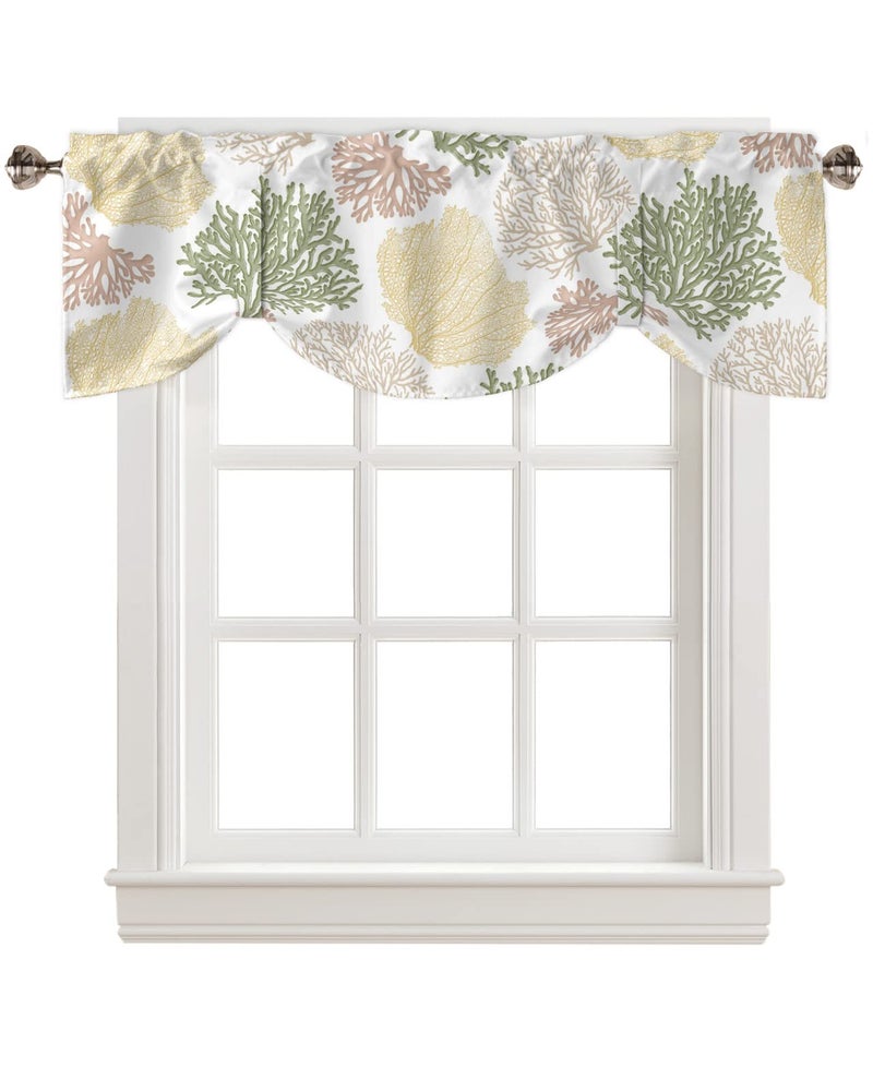LooPoP Tie Up Valance for Windows Nautical Coastal Ocean Coral Curtains Valances Rod Pocket Valance Window Treatments Beach Themed Yellow Green Balloon Curtains for Kitchen Living Room Bedroom Bathroom 42x12 - Image 1