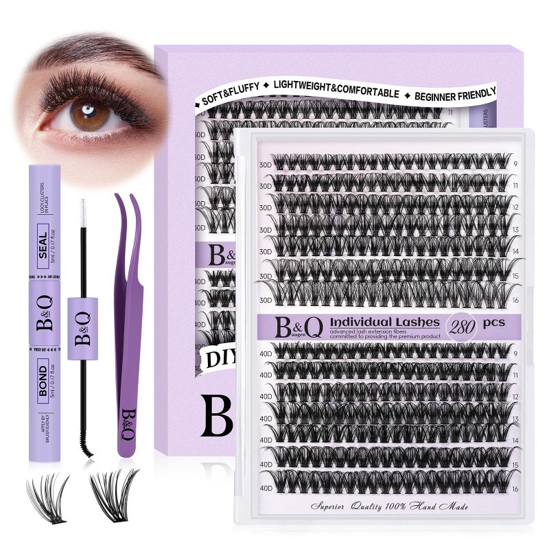 B&qaugen DIY Lash Extension Kit 280pcs Individual Lashes Cluster D Curl Eyelash Extension Kit Lash Clusters with Lash Bond and Seal and Lash Applicator Tool for Self Application (KIT,30D+40D-9-16MIX) - Image 1
