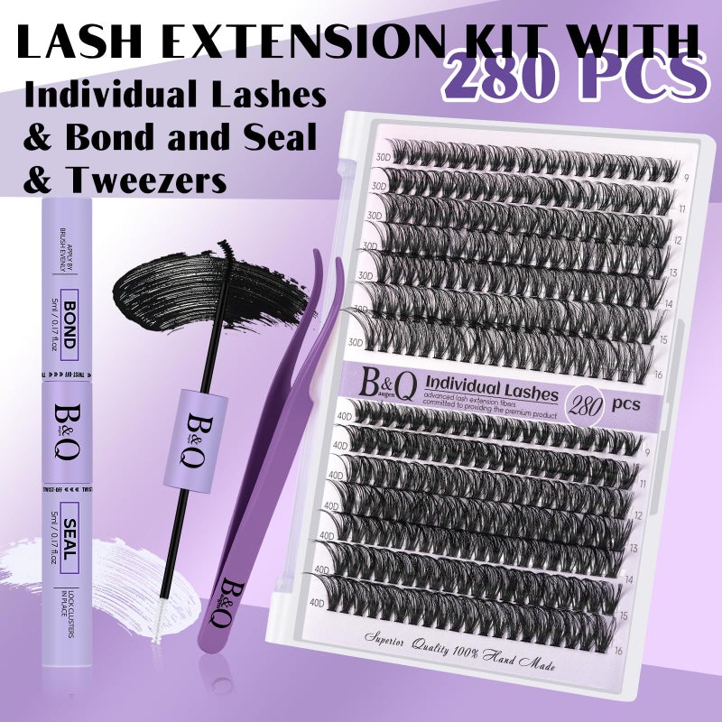 B&qaugen DIY Lash Extension Kit 280pcs Individual Lashes Cluster D Curl Eyelash Extension Kit Lash Clusters with Lash Bond and Seal and Lash Applicator Tool for Self Application (KIT,30D+40D-9-16MIX) - Image 3