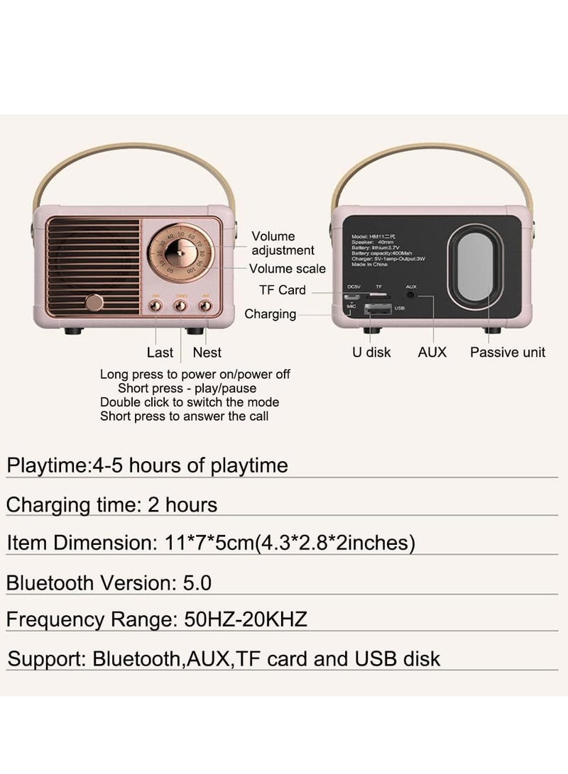 HM-11 Bluetooth Portable Radio, Retro Style Mini Speaker with Clear Stereo Sound, Rich Bass for iPhone, Android Devices and Tablets (Pink) - Image 5