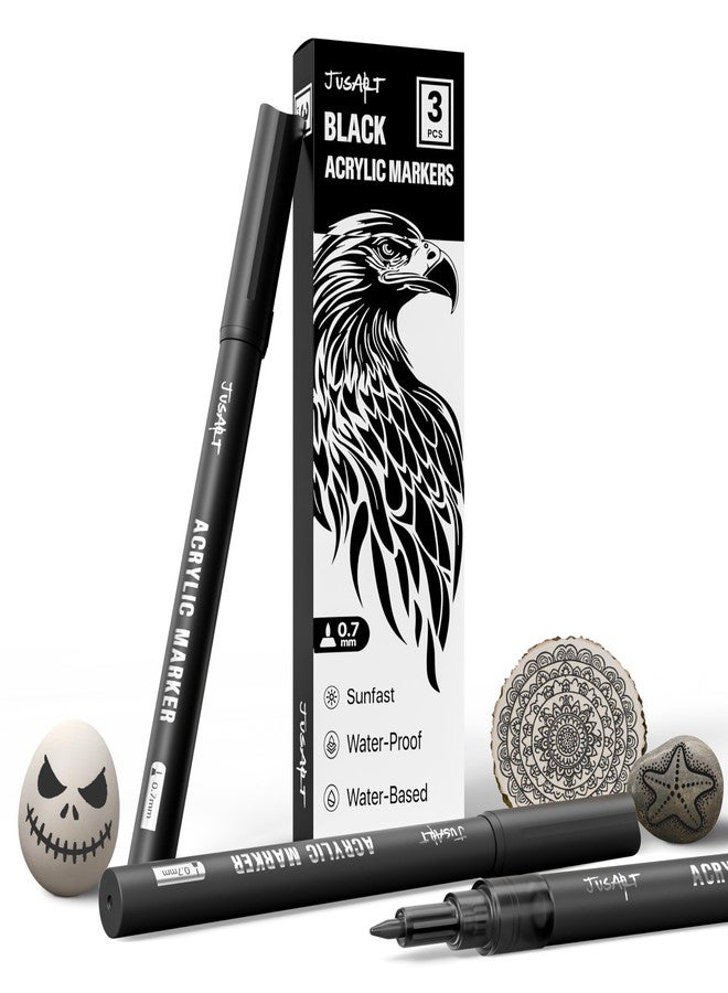 JusArt 3 Pack Black Acrylic Paint Markers, 0.7mm Fine Point Acrylic Paint Pens for Rock Painting, Art Projects, Ceramic, Glass, Wood, Metal, Fabric, DIY Crafts, Ideal Black Paint Pen for Art Supplies - Image 1