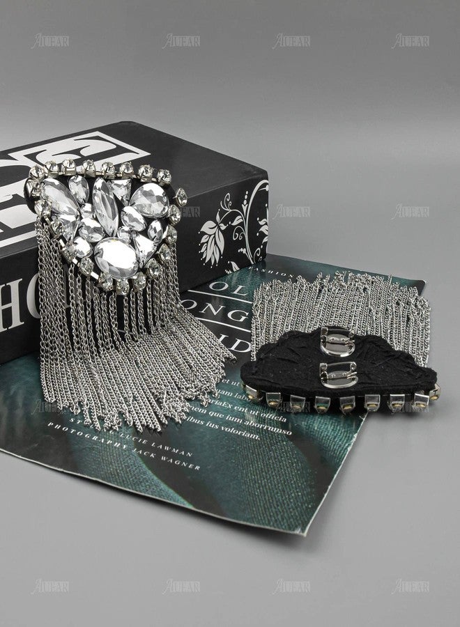 AUEAR, 1 Pair Crystal Beads Shoulder Epaulettes Chain Tassel Blazer Rhinestone Fringe Costume Epaulets Badge Decor (Silver) - Image 3