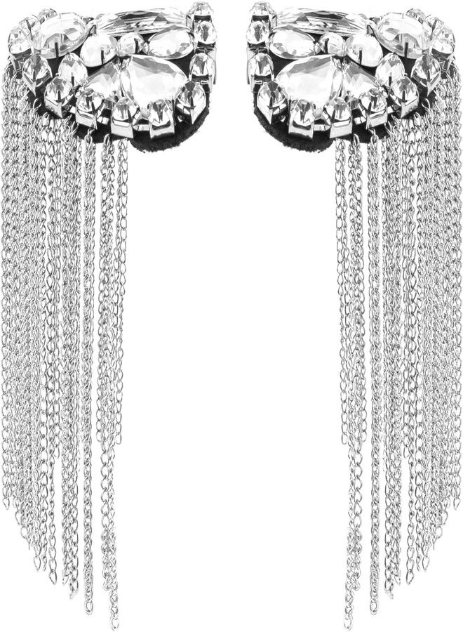 AUEAR, 1 Pair Crystal Beads Shoulder Epaulettes Chain Tassel Blazer Rhinestone Fringe Costume Epaulets Badge Decor (Silver) - Image 1