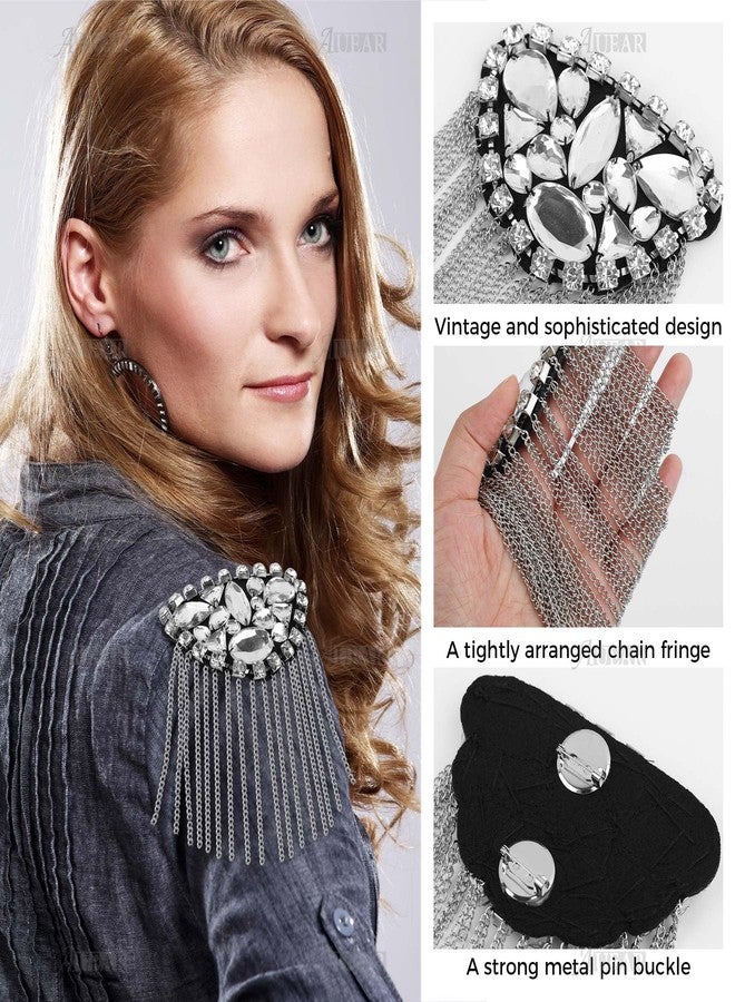 AUEAR, 1 Pair Crystal Beads Shoulder Epaulettes Chain Tassel Blazer Rhinestone Fringe Costume Epaulets Badge Decor (Silver) - Image 4