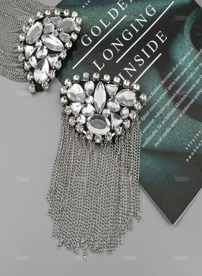 AUEAR, 1 Pair Crystal Beads Shoulder Epaulettes Chain Tassel Blazer Rhinestone Fringe Costume Epaulets Badge Decor (Silver) - Image 2