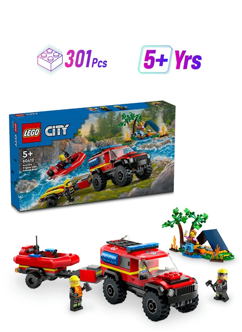 LEGO City 4x4 Fire Engine with Rescue Boat Building Toys for 5 Plus Year Old Boys & Girls, Imaginative Play Set Includes a Dinghy, Trailer, Tent, Camper and 2 Firefighter Minifigures, Gift Idea 60412 (301 pieces)  - Image 1