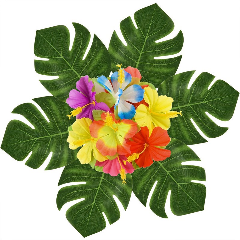 KUUQA 88 Pcs 20cm/8" Tropical Palm Leaves and Silk Hibiscus Flowers Party Decor, Artificial Monstera Plant Leaves Flowers Hawaiian Luau Party Jungle Beach Theme BBQ Birthday Party Decorations Supplie - Image 3