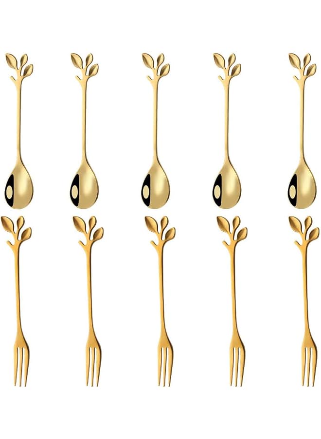 S-TOP Stainless Steel Gold Leaf Coffee Spoon Appetizer FoCreative Tableware Dessert Spoons, Stirring, Mixing, Sugar, Stir, Ice Cream, Fruit, Cake, Teaspoon Set 10 Piece - Image 1