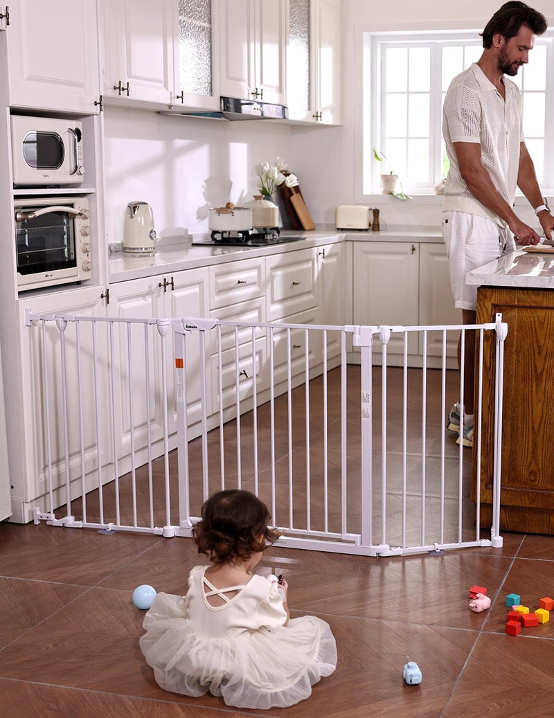 Babelio 72" Extra Wide Baby Gate, 30" Tall Auto Close Dog Fence for Stairs Kitchen Doorways Fireplace, Hardware Mounted Pet Gate Indoor, Foldable 3 Metal Panels, White - Image 1