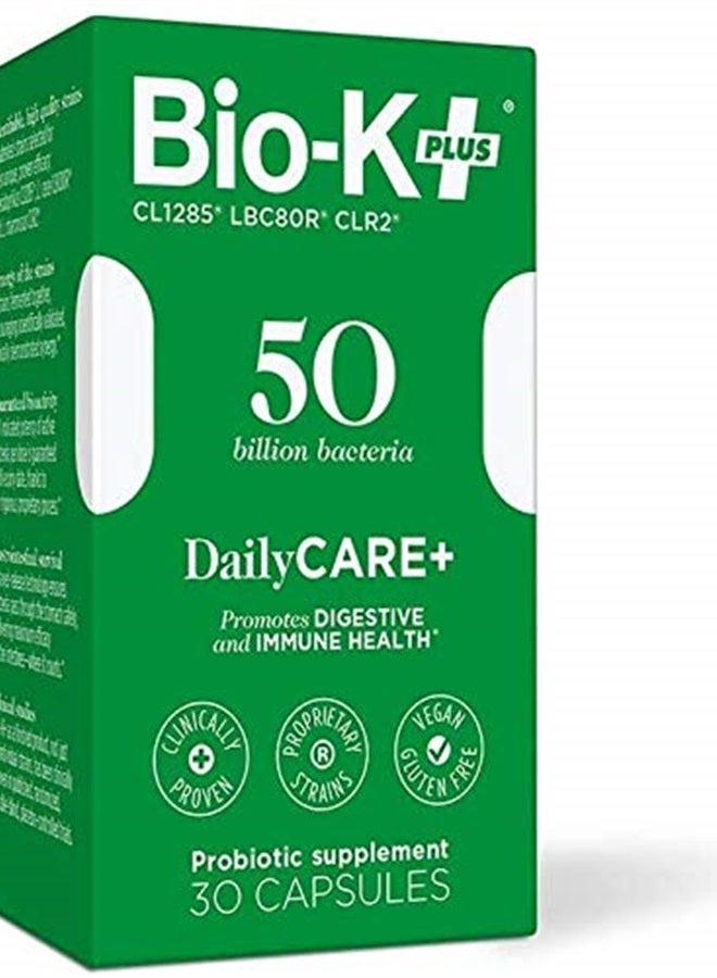 Bio-K Plus مكملات بروبيوتيك بيولوجية كيه + رعاية يومية بلس للرجال والنساء البالغين، 50 مليار بكتيريا نشطة، تعزز صحة جهاز المناعة - نباتي وخالي من الغلوتين بإطلاق مؤجل، 30 كبسولة/علبة - Image 1