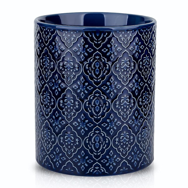 KOOV Kitchen Utensil Holder, Large Utensil Holders for Countertop, 6 x 7 Inches Ceramic Utensil Crock, Deep and Stable, Cooking Utensil Holder, Embossed Pattern (BLue) - Image 1