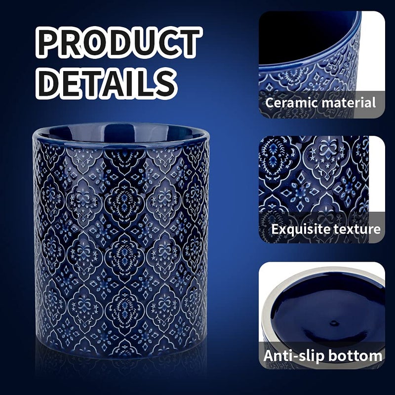 KOOV Kitchen Utensil Holder, Large Utensil Holders for Countertop, 6 x 7 Inches Ceramic Utensil Crock, Deep and Stable, Cooking Utensil Holder, Embossed Pattern (BLue) - Image 2