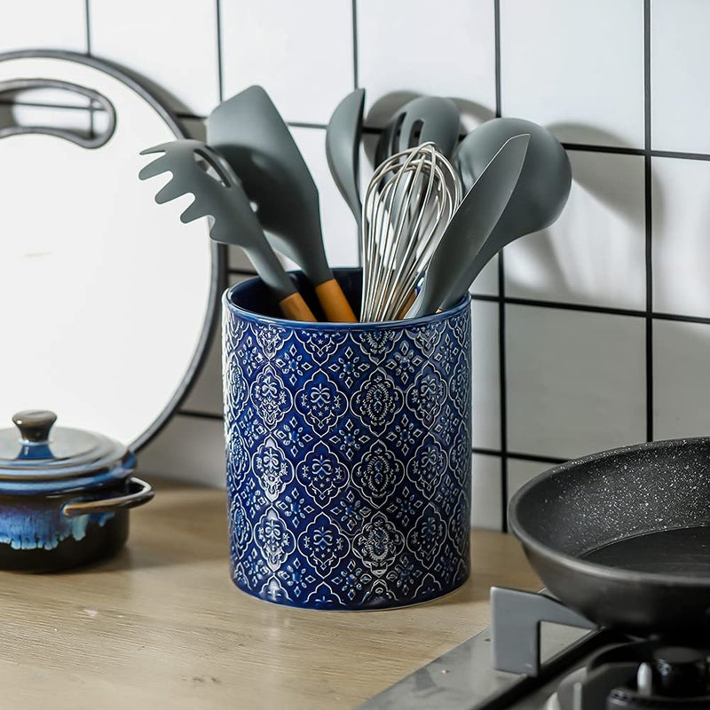 KOOV Kitchen Utensil Holder, Large Utensil Holders for Countertop, 6 x 7 Inches Ceramic Utensil Crock, Deep and Stable, Cooking Utensil Holder, Embossed Pattern (BLue) - Image 4