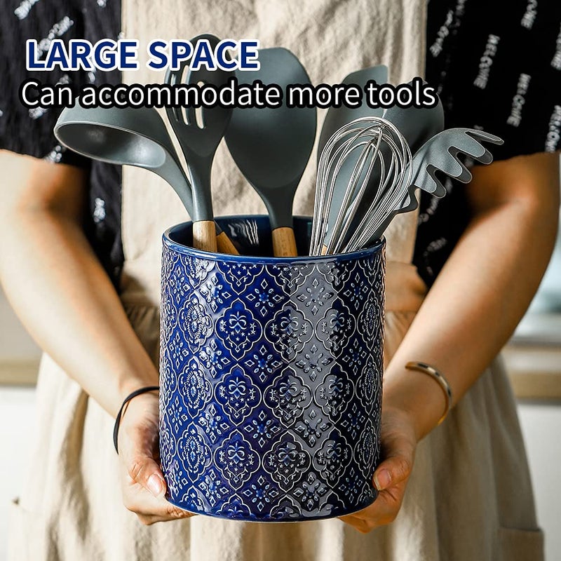 KOOV Kitchen Utensil Holder, Large Utensil Holders for Countertop, 6 x 7 Inches Ceramic Utensil Crock, Deep and Stable, Cooking Utensil Holder, Embossed Pattern (BLue) - Image 5