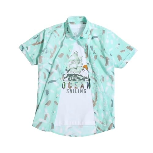 CAVIO Boys Sea Green Floral Print Half Sleeve Cotton Shirt with T-Shirt - Image 1