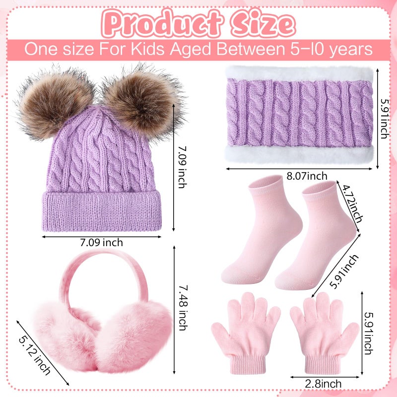 Chicingyou 15 Pcs Kids Set Winter Hat Beanie Hat Scarf Gloves Earmuffs Socks Set Wool Warm Cap with Pompom for Girls Boys 4-10 Years Old - Image 2
