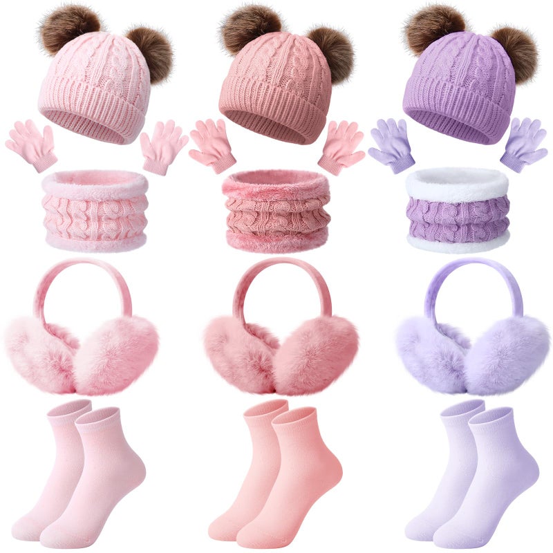 Chicingyou 15 Pcs Kids Set Winter Hat Beanie Hat Scarf Gloves Earmuffs Socks Set Wool Warm Cap with Pompom for Girls Boys 4-10 Years Old - Image 1