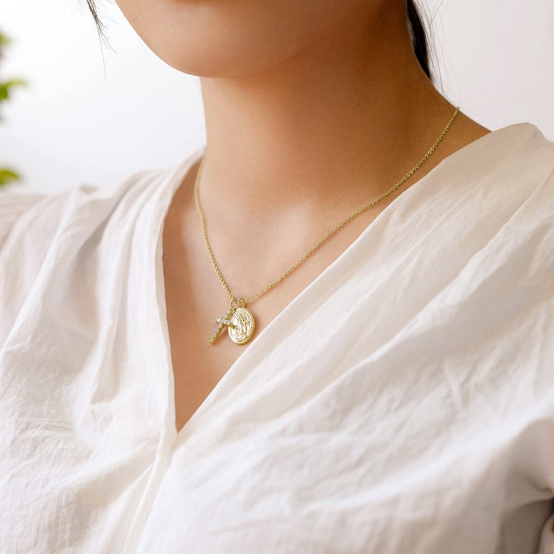 AllenCOCO Gold Cross Necklaces for Women, Crucifix Necklaces, Cubic Zirconia Virgin Mary Necklace, Virgen de Guadalupe, Layered Dainty Pendants Chain - Image 5