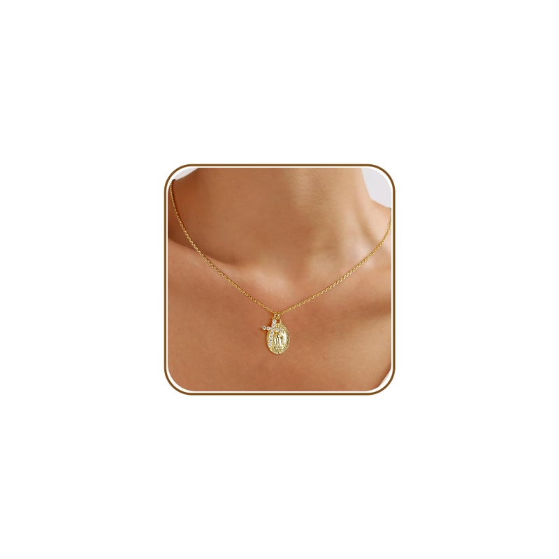 AllenCOCO Gold Cross Necklaces for Women, Crucifix Necklaces, Cubic Zirconia Virgin Mary Necklace, Virgen de Guadalupe, Layered Dainty Pendants Chain - Image 1