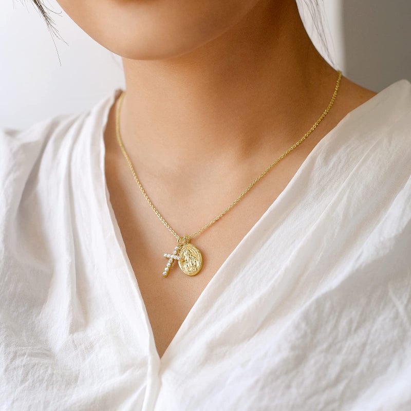 AllenCOCO Gold Cross Necklaces for Women, Crucifix Necklaces, Cubic Zirconia Virgin Mary Necklace, Virgen de Guadalupe, Layered Dainty Pendants Chain - Image 4