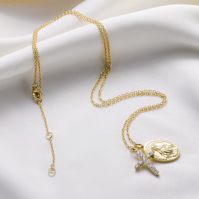 AllenCOCO Gold Cross Necklaces for Women, Crucifix Necklaces, Cubic Zirconia Virgin Mary Necklace, Virgen de Guadalupe, Layered Dainty Pendants Chain - Image 2