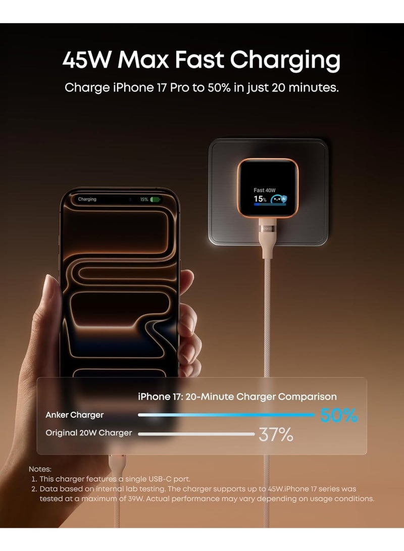 انكر شاحن حائط نانو USB C، شاحن شاشة ذكي سريع الشحن 45 واط، مع قابس قابل للطي 180 درجة، التعرف الذكي، وضع العناية المدمج، لايفون 17/16/15 (لا يحتوي على بطارية، منفذ USB-C واحد، كيبل غير متضمن) - Image 3