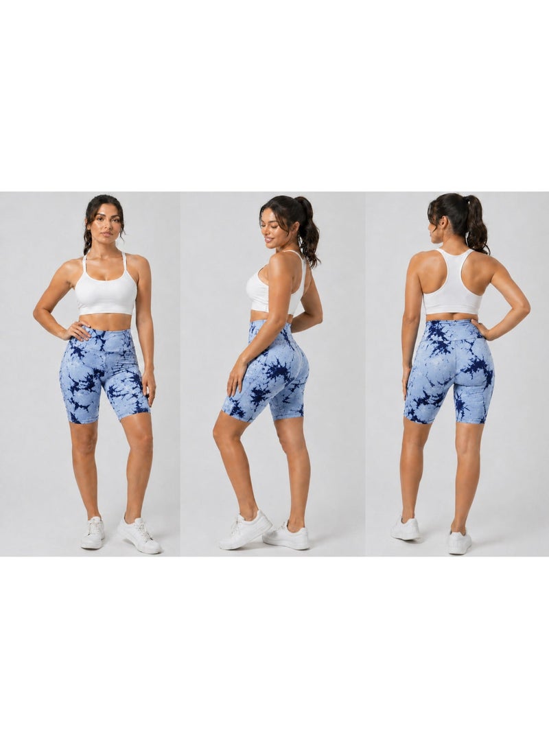 Women’s High-Waisted Marble Biker Shorts – Stretchy Gym & Yoga Leggings, Tummy Control, Above Knee Length, Soft Breathable Activewear