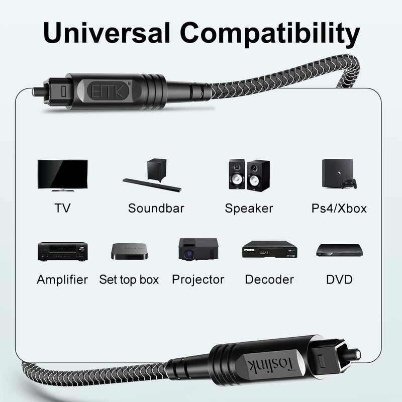 EMK Digital Optical Audio Cable [6 Feet/2M] - Slim Nylon Braided Toslink Fiber Optic Cable for Sound Bar, TV, Home Theater, PS4, Xbox, Blu-Ray Player & More - High-Speed SPDIF (Black1) - Image 5