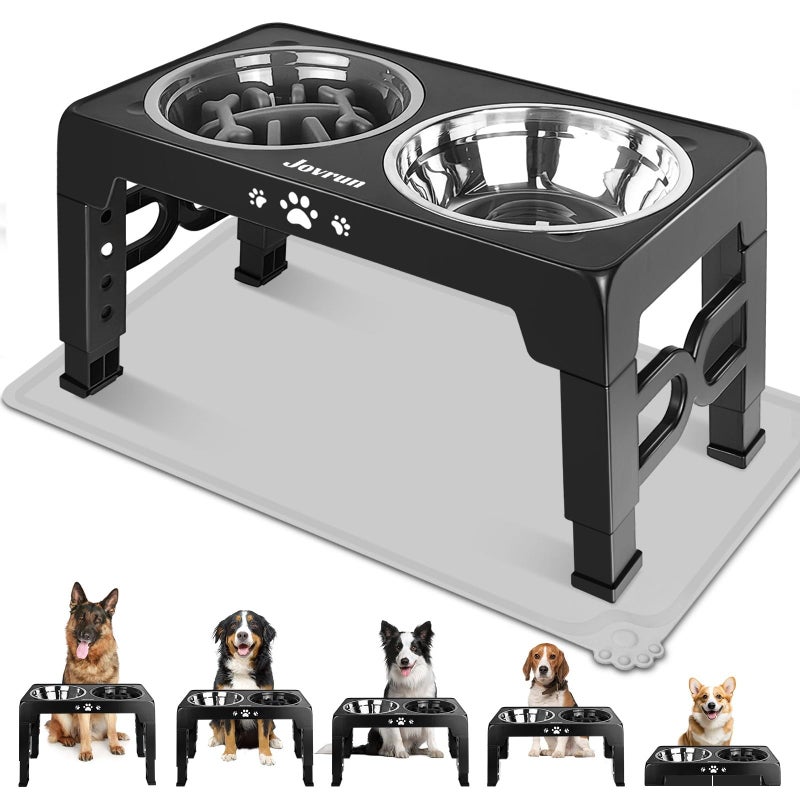 Jovrun Elevated Dog Bowls for Medium Size Dogs with Mat, Non-Slip Dog Feeder with 1*Stainless Steel Dishes & 1*Slow Feeder Bowl, 5 Heights Adjustable Raised Bowls for 3.15â€³-8.66â€³-9.84â€³-11.02â€³-12.2â€³ - Image 1