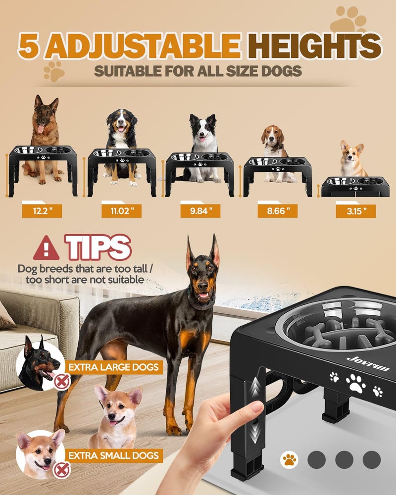 Jovrun Elevated Dog Bowls for Medium Size Dogs with Mat, Non-Slip Dog Feeder with 1*Stainless Steel Dishes & 1*Slow Feeder Bowl, 5 Heights Adjustable Raised Bowls for 3.15â€³-8.66â€³-9.84â€³-11.02â€³-12.2â€³ - Image 2