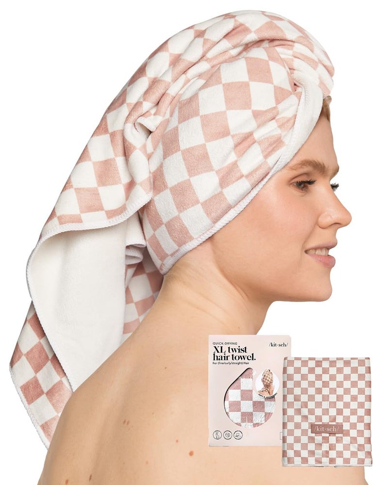 Kitsch Kitsch XL Microfiber Hair Towel Wrap for Women  Microfiber Towel Super Absorbent Quick Dry AntiFrizz  for Long  Short Hairs Turbans for Women  Terracotta Checker