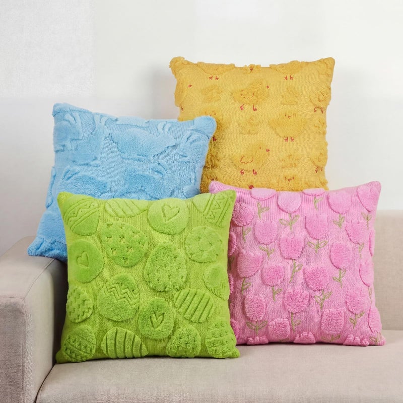 Tiamon 4 Pcs Easter Throw Pillow Covers 18 x 18 Inch 3D Embroidered Plush Easter Egg Bunny Chick Tulip Pillow Cases Colorful Fluffy Faux Fur Cushion Covers Gifts for Spring Party Sofa Couch Birthday - Image 2