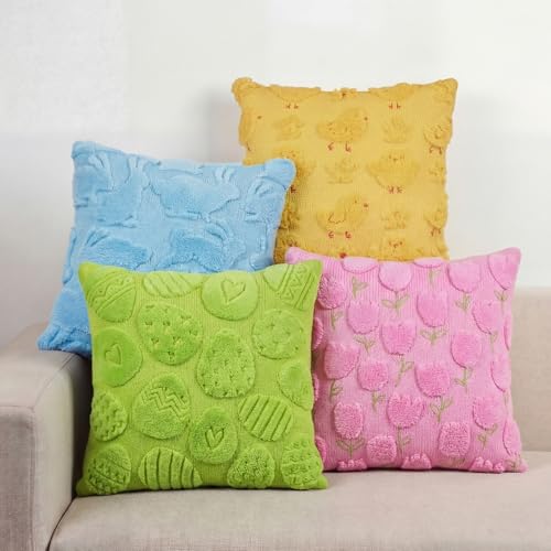 Tiamon 4 Pcs Easter Throw Pillow Covers 18 x 18 Inch 3D Embroidered Plush Easter Egg Bunny Chick Tulip Pillow Cases Colorful Fluffy Faux Fur Cushion Covers Gifts for Spring Party Sofa Couch Birthday - Image 1