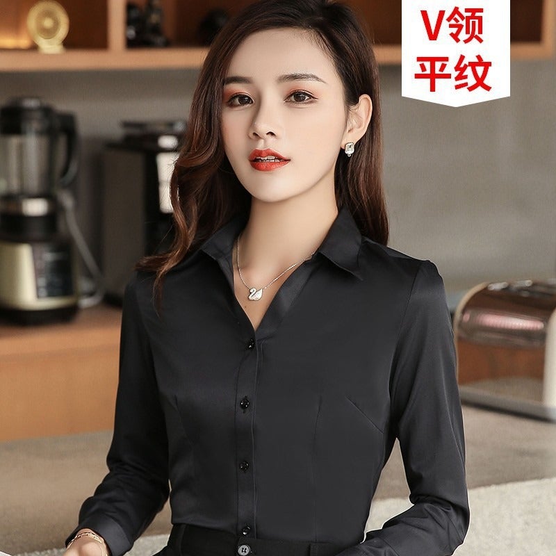 Cai Yi Women's White Long-Sleeve Office Shirt - Autumn Winter Business Blouse, Slim Fit, V-Neck, Solid Color Workwear - Image 1