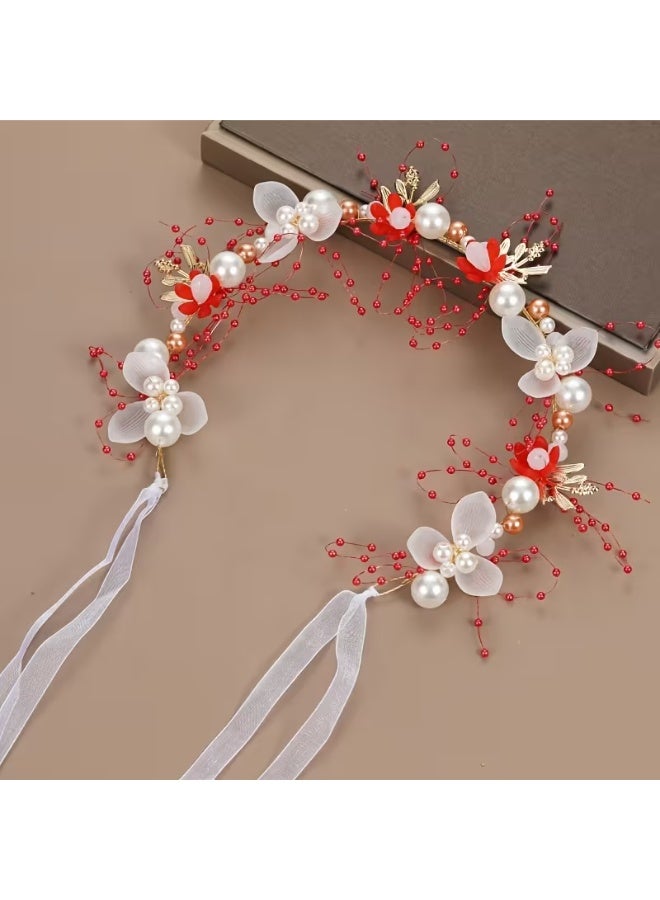 Boho Wedding Flower Headpiece for Women, Fake Floral Crown with Pearl Crystal Boho Hair Wreath Adjustable Hair Accessory for Women (Red, One Size) - Image 2