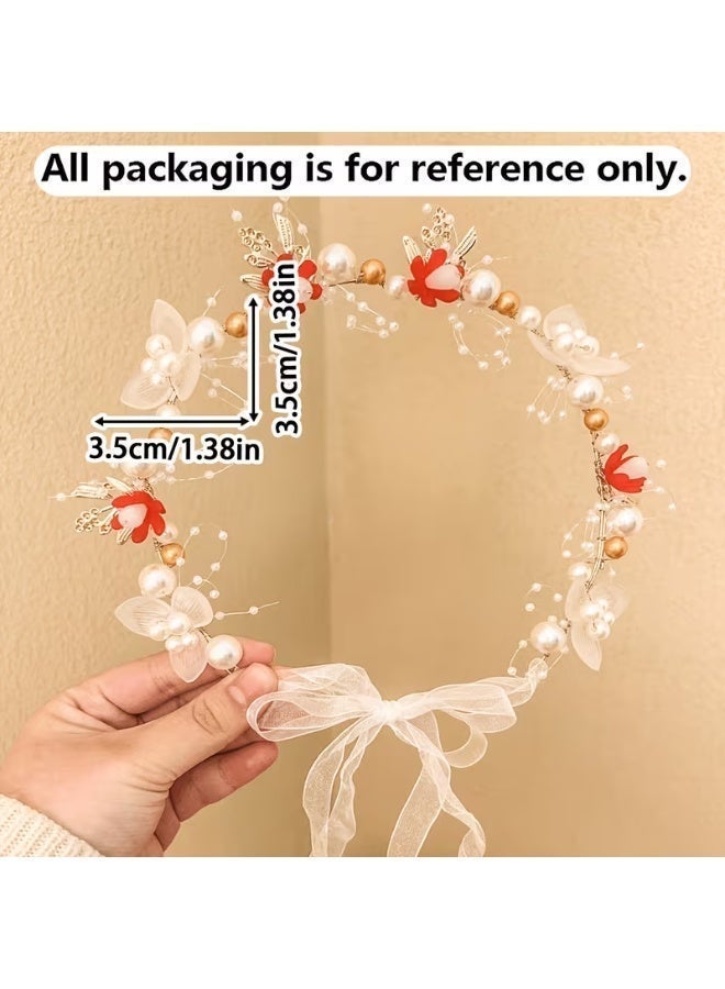 Boho Wedding Flower Headpiece for Women, Fake Floral Crown with Pearl Crystal Boho Hair Wreath Adjustable Hair Accessory for Women (Red, One Size) - Image 3