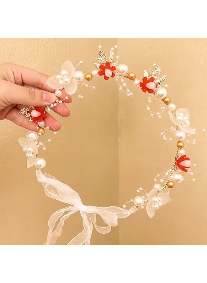 Boho Wedding Flower Headpiece for Women, Fake Floral Crown with Pearl Crystal Boho Hair Wreath Adjustable Hair Accessory for Women (Red, One Size) - Image 4