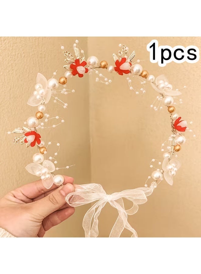 Boho Wedding Flower Headpiece for Women, Fake Floral Crown with Pearl Crystal Boho Hair Wreath Adjustable Hair Accessory for Women (Red, One Size) - Image 1