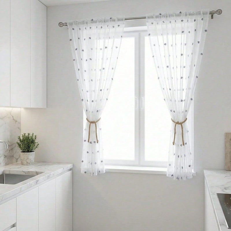 Grey Polka Dot Pompom Voile Curtain 28x24 Inch Light Filtering Rod Pocket Polyester Washable - Image 3
