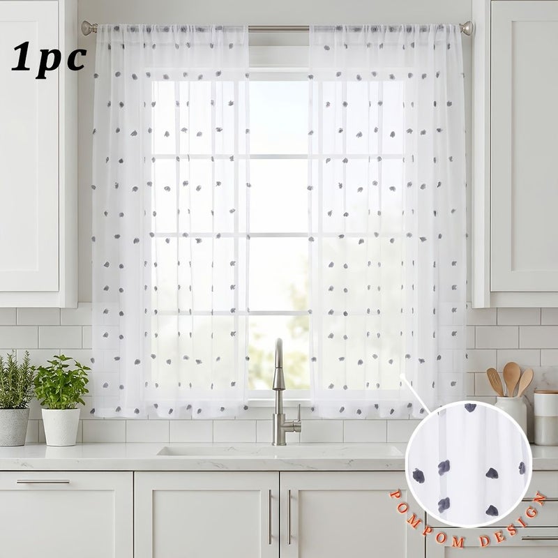 Grey Polka Dot Pompom Voile Curtain 28x24 Inch Light Filtering Rod Pocket Polyester Washable - Image 1