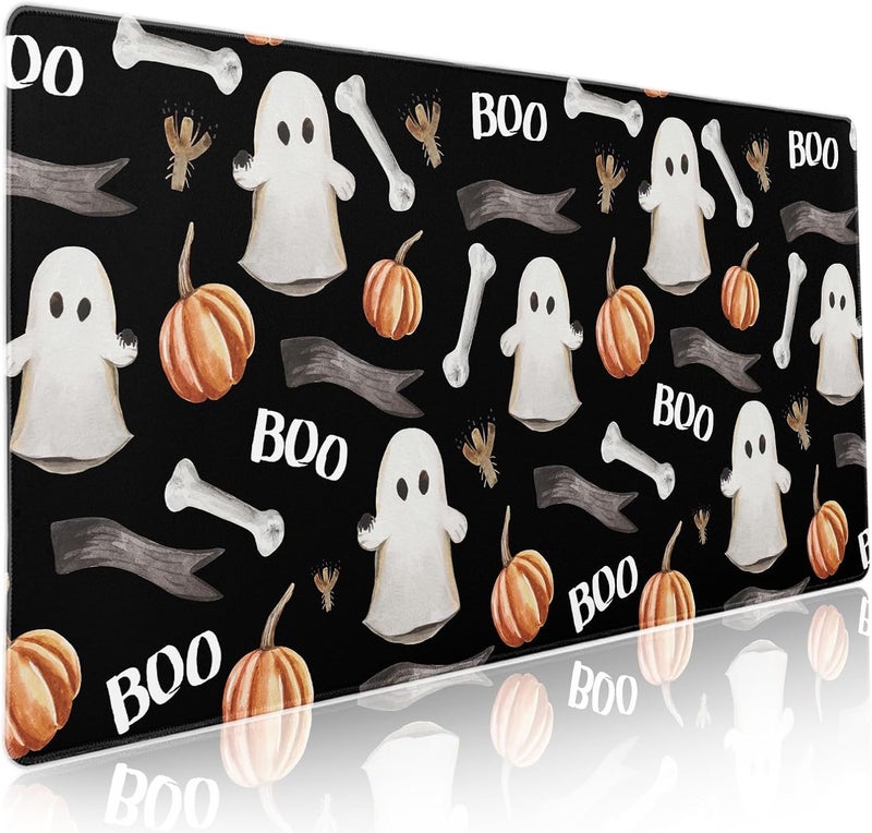 aportt Black Halloween Gaming Mouse Pad XXL Cute Ghost Fall Pumpkin Extended Spooky Large Mat Mousepad Desk Pad Non-Slip Rubber Base Stitched Edge Keyboard Pad Playmat for Computer,35.4×15.7 Inch - Image 1
